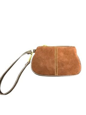 Suede Wristlet Clutch in Brown with Contrast Stitching